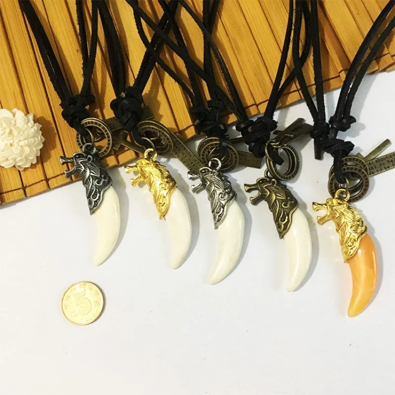 Factory Direct Sales Alloy Resin Tiger Head Wolf Tooth Ornament Pendant Cowhide Necklace Wholesale of Foreign Trade Supply Gift