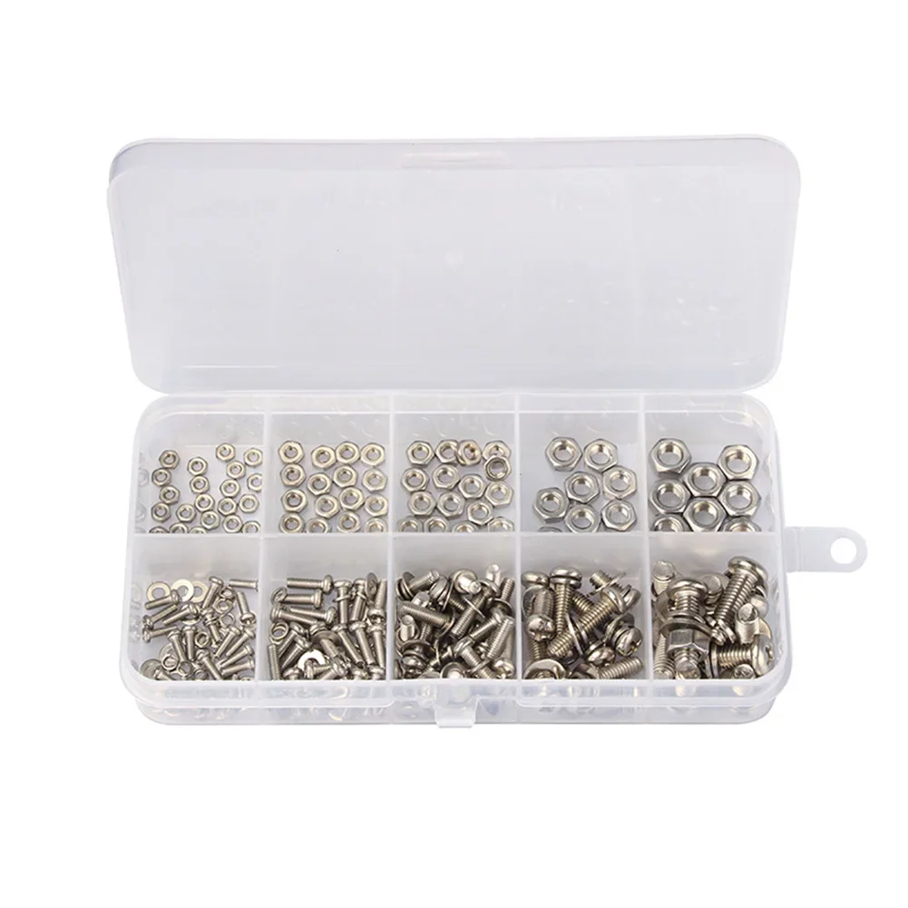 320Pcs/Set Stainless Steel Hexagon Hex Socket Screws Bolt Nuts Set Round Flat Cap Head Bolt Washer Assortment Kit 3mm 5 Sizes