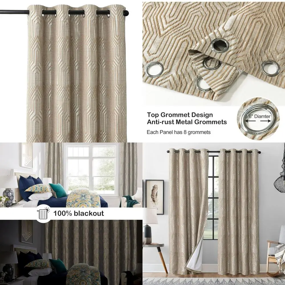 

Плотные шторы с геометрическим жаккардом, 52x96, светло-коричневый и серебристый, термоизолированные, шумопоглощающие втулки.