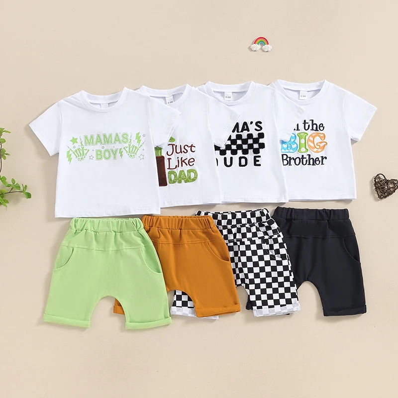 2024-03-22 Lioraitiin Toddler Boys Summer Shorts Sets Short Sleeve Letter Embroidery Tops and Checkerboard Print Shorts Sets