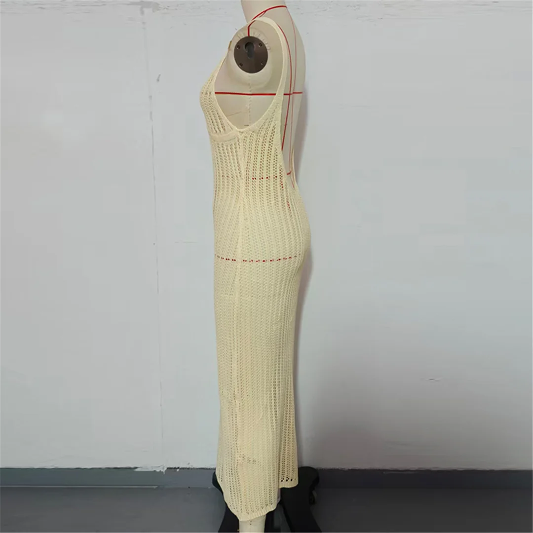 V-Ausschnitt, rückenfreies, ausgehöhltes, gehäkeltes, gestricktes Tunika-Strandkleid, Strandmode, Strandbekleidung, Strand-Cover-up, Damen, V7628 – Detail 12