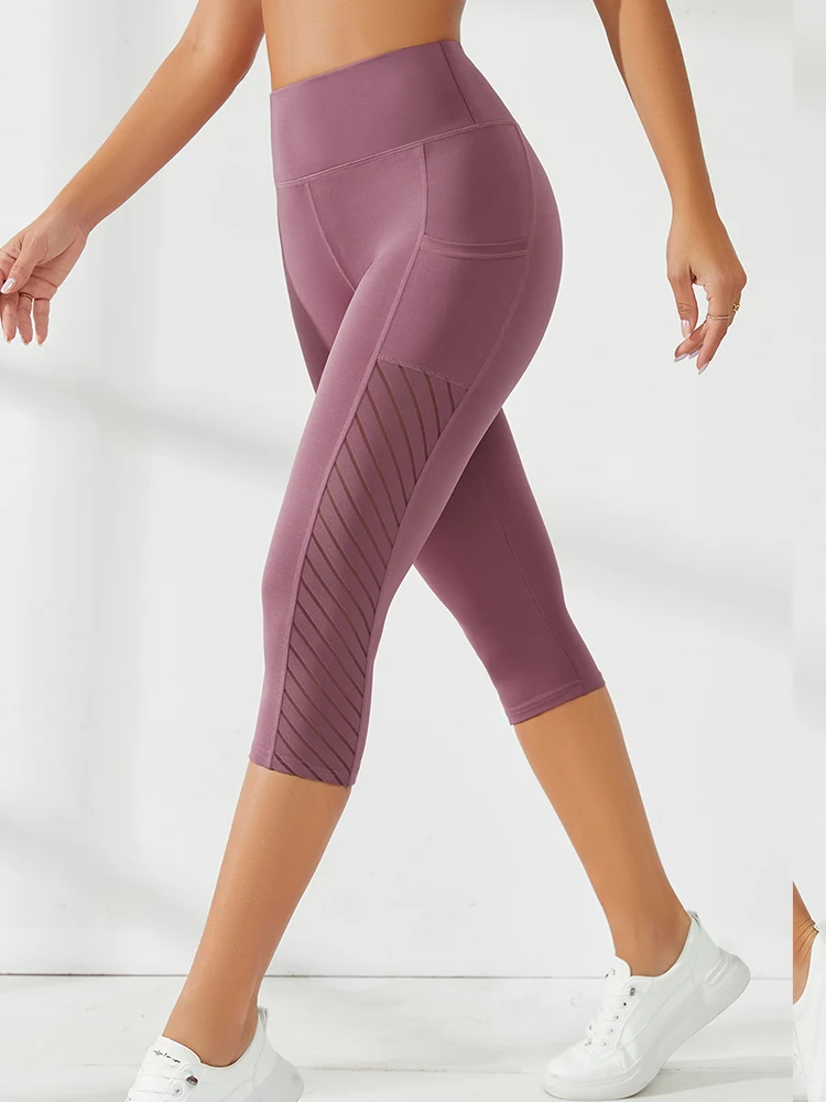 High-waisted Hip-lifting And Tummy-tucking Workout Capris, Mesh Panel Seamless Capris, Women's Sporty Casual Pants