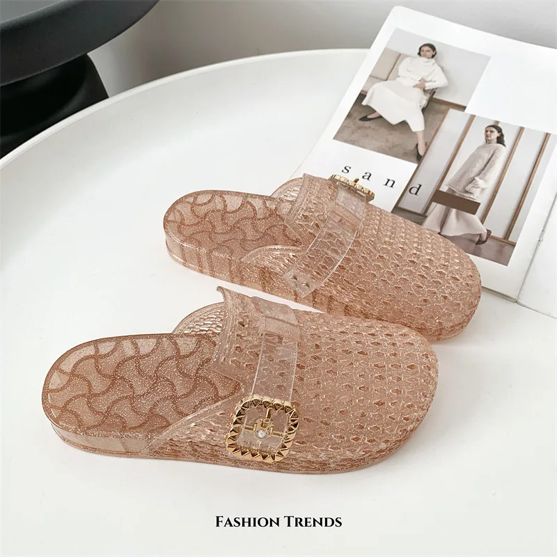 المتخصصة تصميم المرأة شقة شفافة باوتو النعال الصيف الجوف خارج النعال الكبار الفتيات عدم الانزلاق المنسوجة نصف النعال الإناث #6