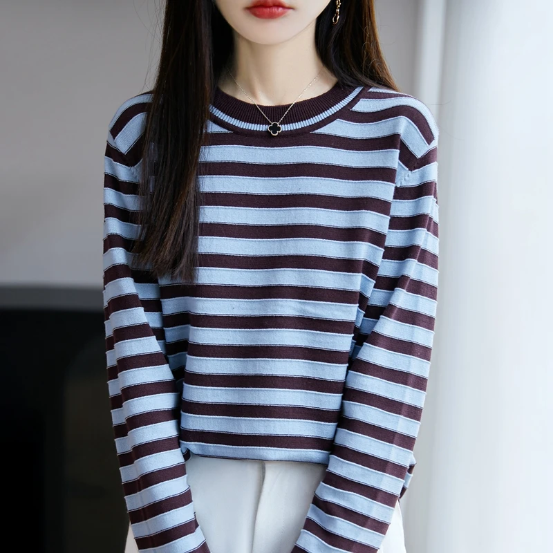 الخريف والشتاء المرأة الجديدة 100% القطن الخالص سترة مخططة عادية محبوك س الرقبة البلوز فضفاضة وعصرية المرأة #3