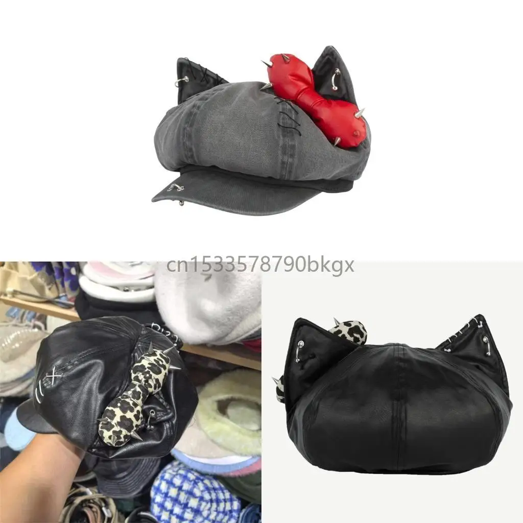 

Punk Bowknot Hat Newsboys Caps 2000s Teens Girl Photo Hat Outdoor Shopping Hat J78E