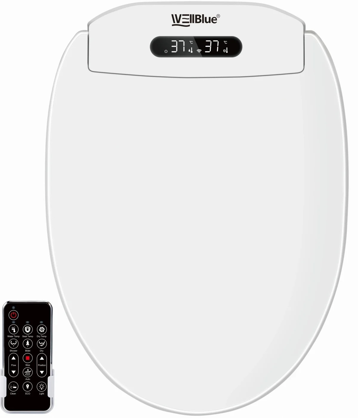 Image of Intelligente elektrische Waschmaschine, Toilettendeckel, Fernbedienung, intelligenter beheizter Bidet-Toilettensitz mit Warmlufttrockner, Wasser- und Windtemperatur