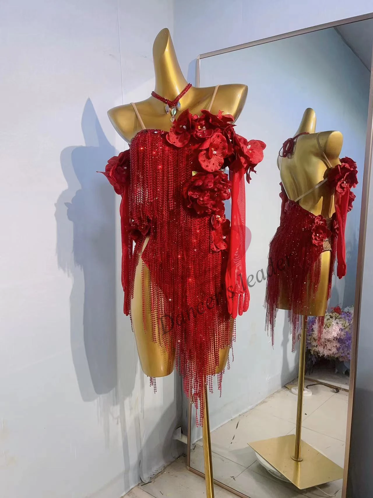 

Latin Dance Dance Dress High end Customized Big Red Flower Pendant Cha Tango Female Adult Stage Professional Clothing