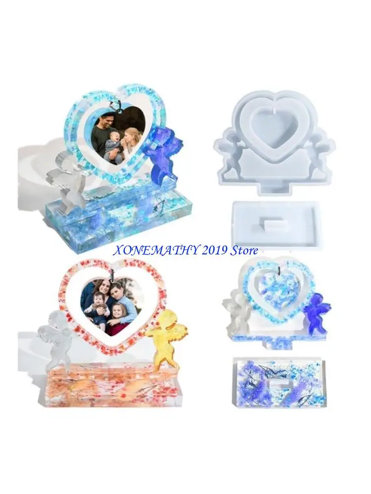 

F42F Heart Resin Photo Frames Mould Cupids Mould Epoxy for Jewelry Making Table Decor