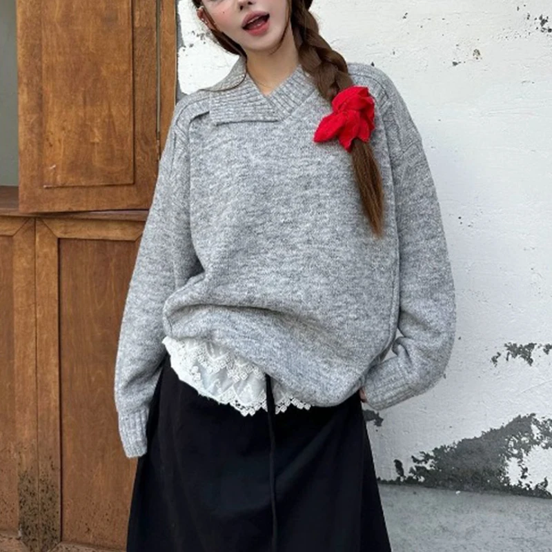 Women Asymmetric Lapel V Neck Knit Sweater Raglan Sleeve Loose Fit Long Sleeve Casual Pullover Jumper