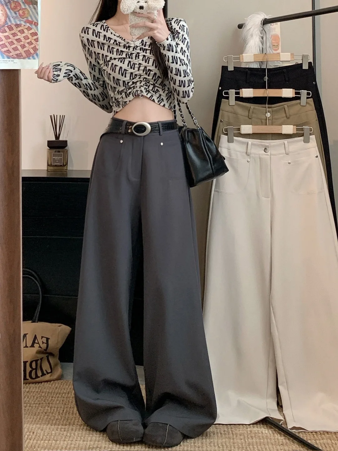 

Новые весенние женские брюки с высокой талией, свободные повседневные брюки, прямые брюки-костюм, однотонные, широкие, модные и универсальные