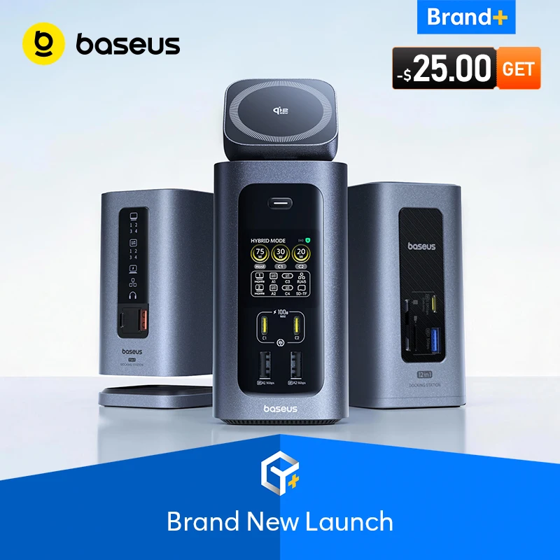 Baseus 160W 15-in-1 USB C HUB to 2 HDMI 4K@120Hz 60Hz with Qi2.2 25W Wireless Charger 180W GaN EU US Adapter Docking Station Hub