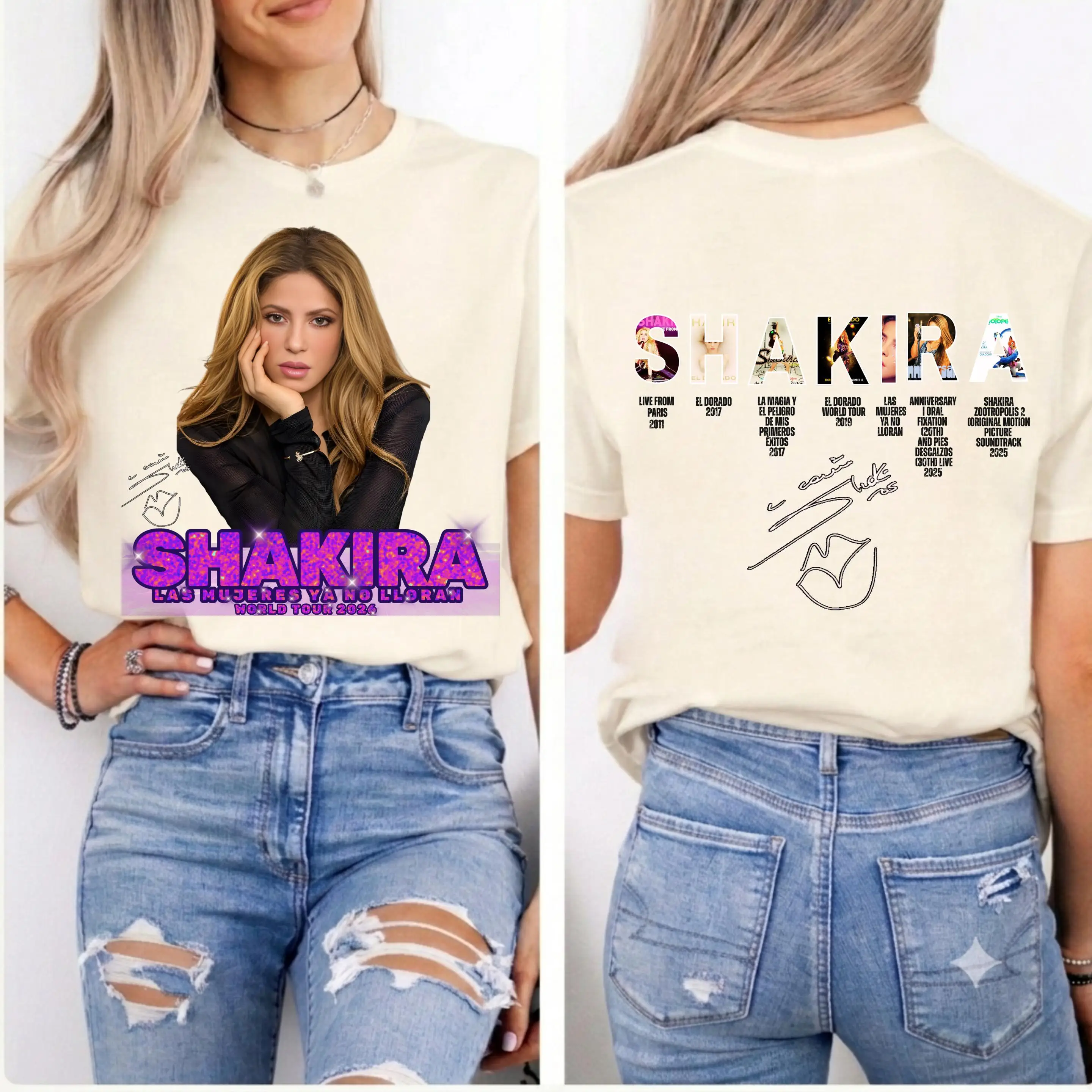 Shakira Las Mujeres Ya No Lloran Tour 2026 T-Shirt, Shakira Konzert-T-Shirt, Geschenk für Latein-Pop-Fans, beidseitiges Tour-T-Shirt – Detail 2