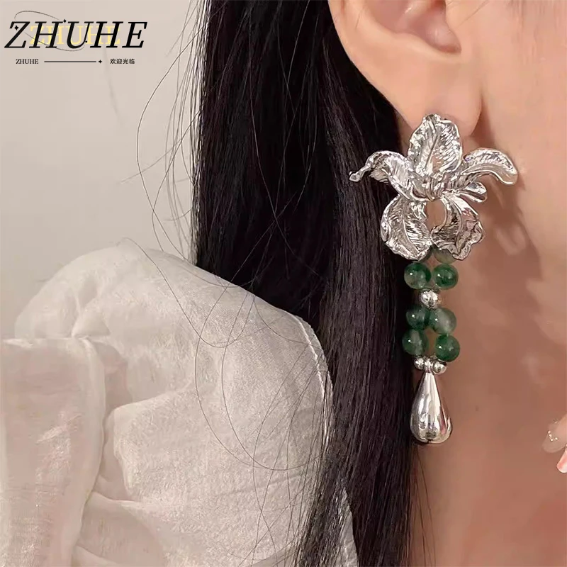 

Vintage Teardrop Pendant Copper Earrings, Green Jade Bead Tassel Jewelry Accessories for Women & Men, Floral Leaf Dangle Earring