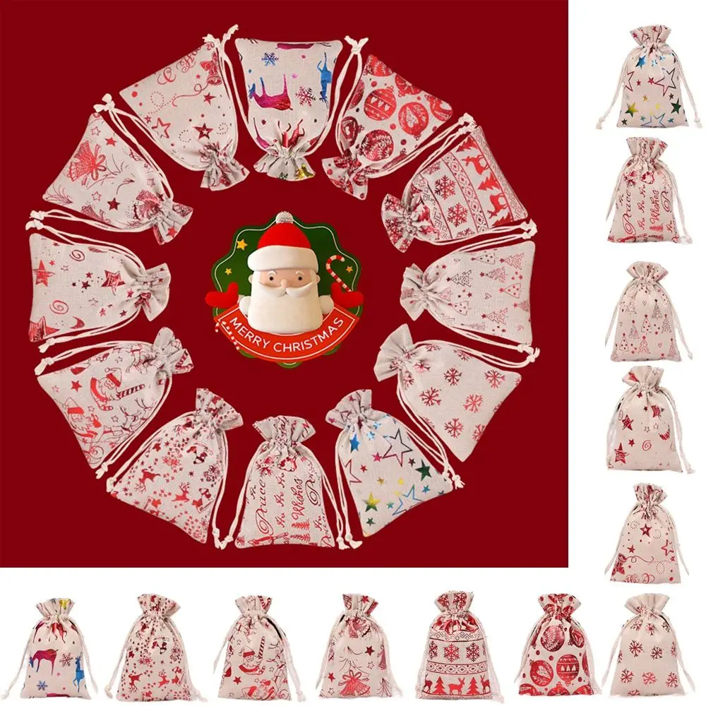 10Pcs Linen Christmas Candy Cotton Bag Hot Gold Snowflake Christmas Bronzing Gift Bag Printing Santa Claus Christmas Gift Bag