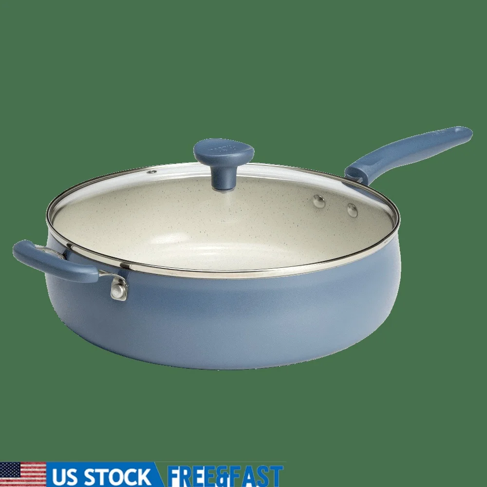 

Clean Ceramic Non-Stick Jumbo Cooker Pan 5 Quart Heavy Duty Aluminum Dishwasher Safe Induction Base Easy Grip Handle Tempered