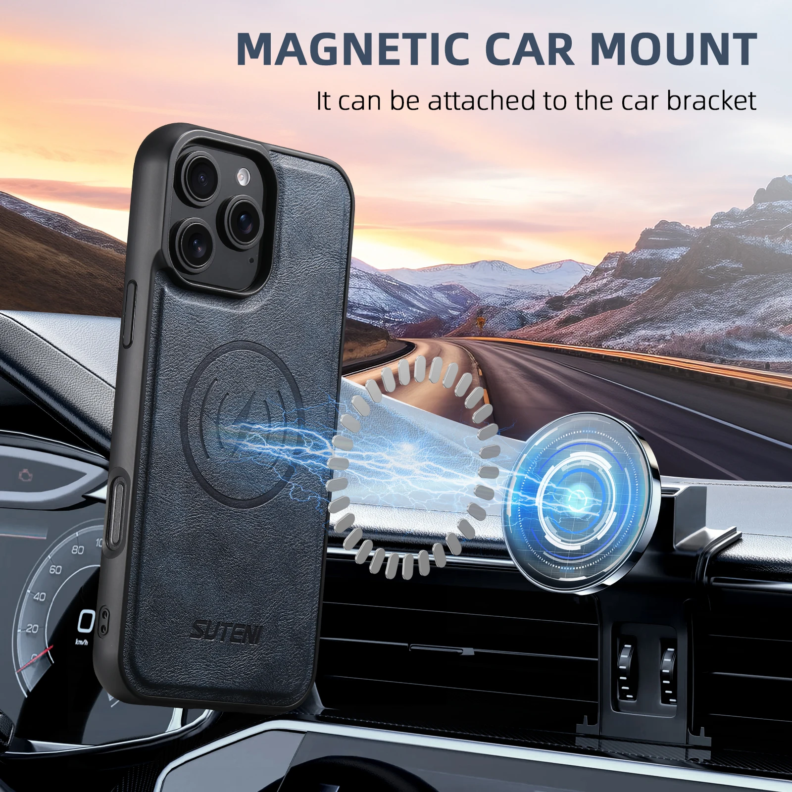 SUTENI Mattierte Kunstleder-Handyhülle mit Magnet und kabelloser Ladefunktion für iPhone 18 Pro Max 17 Air 16 Plus 15 14 Pro 13 12 – Detail 3