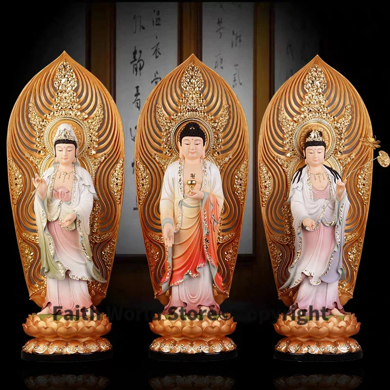 3PCS #50CM large Asia Buddhism home temple Patron saint gilding Color painting XI FANG SAN SHENG Buddha bless Safety Health luck