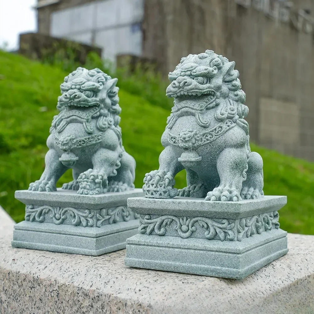 Pair of Chinese Style Stone Lion Qilin Statues Feng Shui Wealth Lucky Home Office Decor Desktop Ornaments Mascots