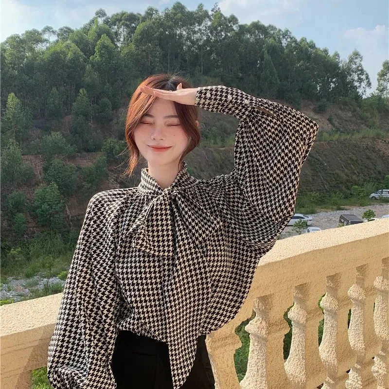 MEXZT Houndstooth Bow Chiffon Shirt Women Vintage Elegant Print Bandage Lantern Sleeve Blouses Office Lady Korean Thin Loose Top