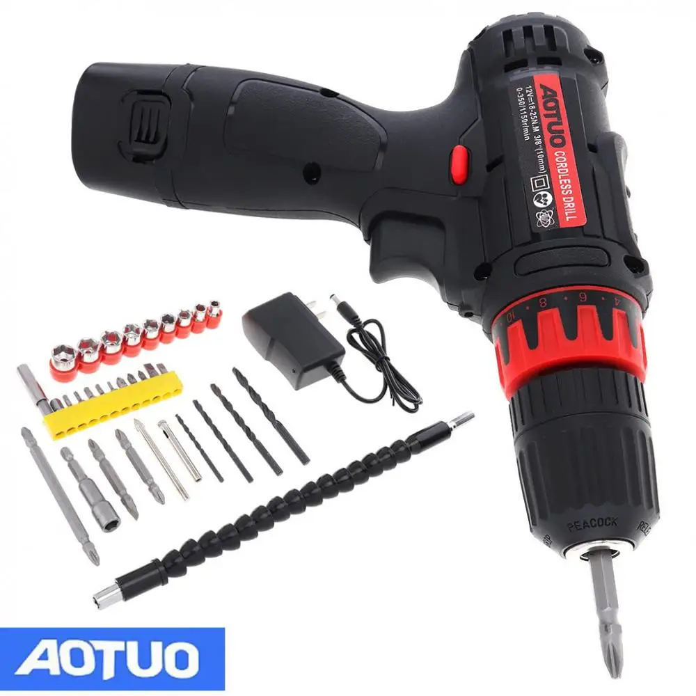 

AC 100 - 240V Cordless 12V Household Lithium Electric Drill with Plastic Box 32pcs Accessories for Drilling / Screwing