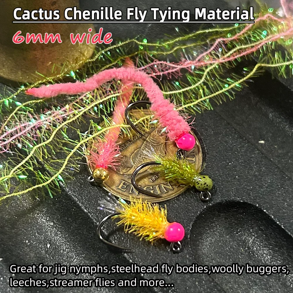 Wifreo 8M 6mm Wide Cactus Chenille Pearlescent Flash Chenille Fly Tying Material for Woolly Buggers Jig Nymph Streamer Flies