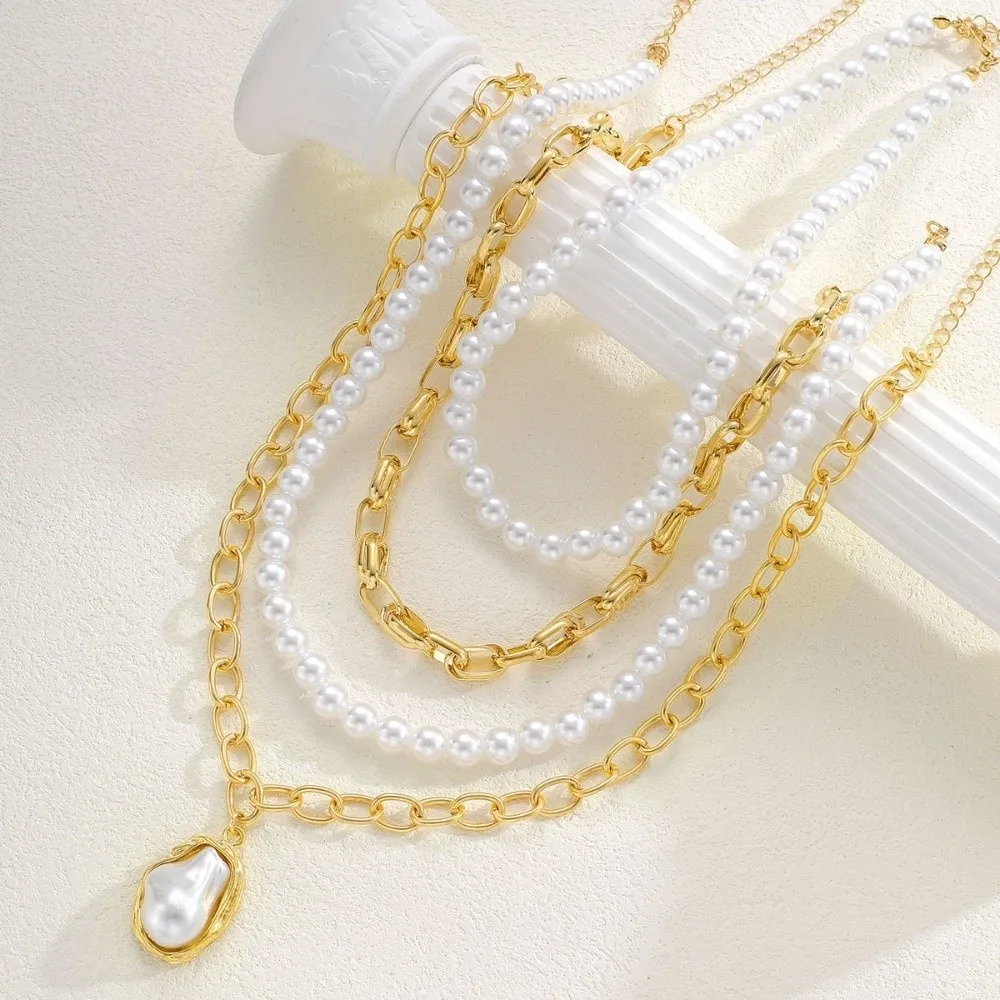 Multi-Layer Stackable Pearl Pendant Necklace Irregular Gold Tone Paperclip Chain Necklace Alloy Link Choker Necklace Women