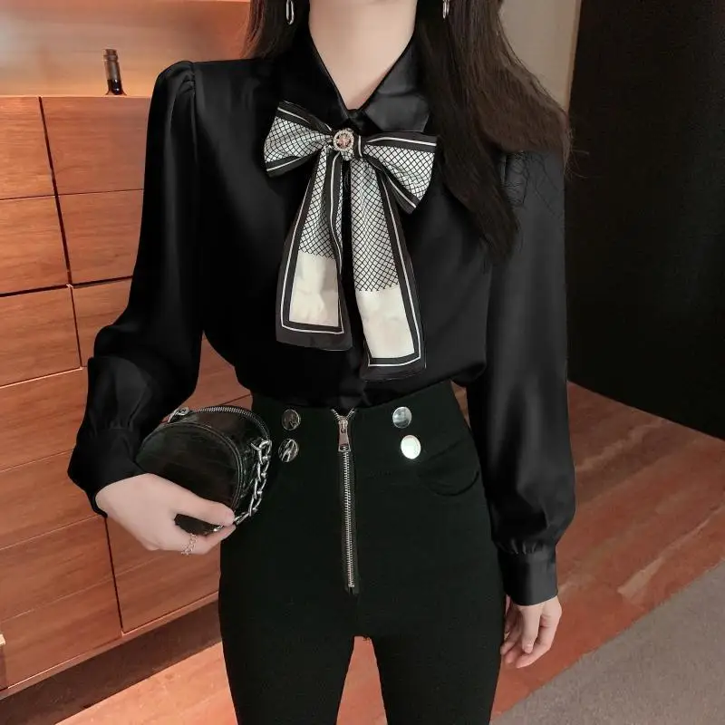 Temperament White Polo Neck Blouse Spring Autumn New Long Sleeve Solid Bow Lacing Office Shirt Tops Korean Fashion Women Clothes