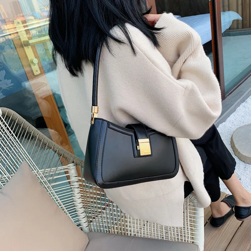 Temperament Women\'s Fashion Handbag New Vintage PU Leather Versatile Black Underarm Bag Personality Hasp Solid One Shoulder Bag