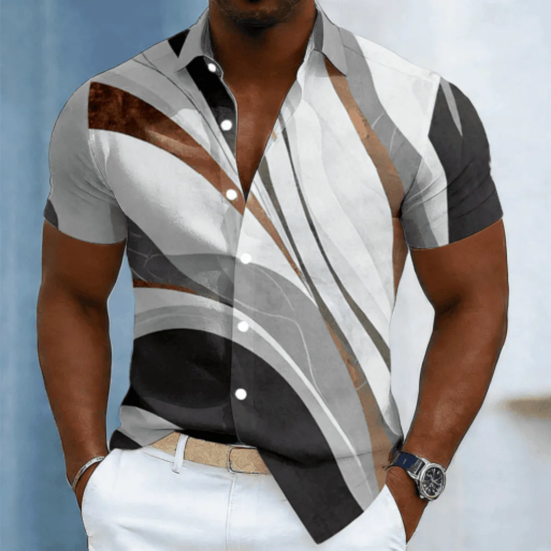 

Men's Color Block Curved Geometric Print Short Sleeve Shirt, Spring Summer Casual Commute Turn-Down Collar Blouse, Loose Fit Top