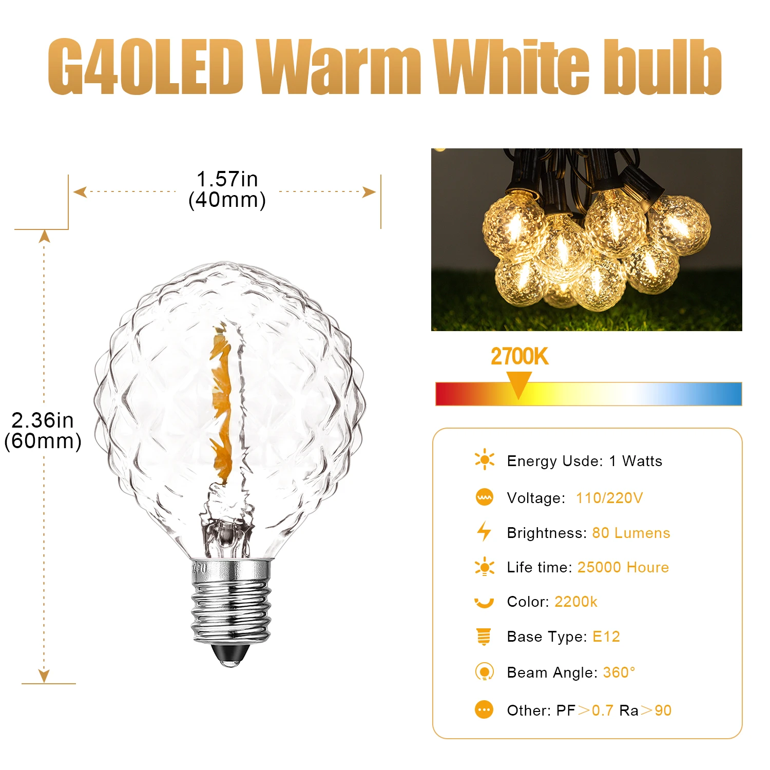 레트로 미니 LED 전구, 다이아몬드 모양 빈티지 전구, G40, E12, 110V, 220V, 밝기 조절, 갈랜드 스트링 광원 교체, 야외