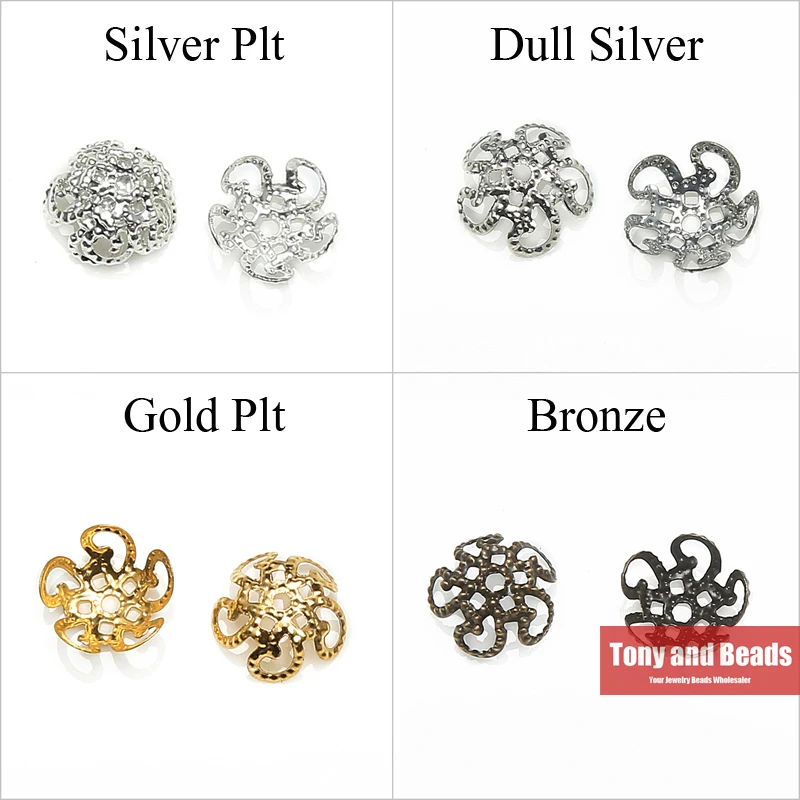 (200Pcs=1Lot ! ) Jewelry Finding 10MM 5Leaf Hollow Flower End Beads Caps Gold Color Silver Color Bronze Nickel Plated No.BC1