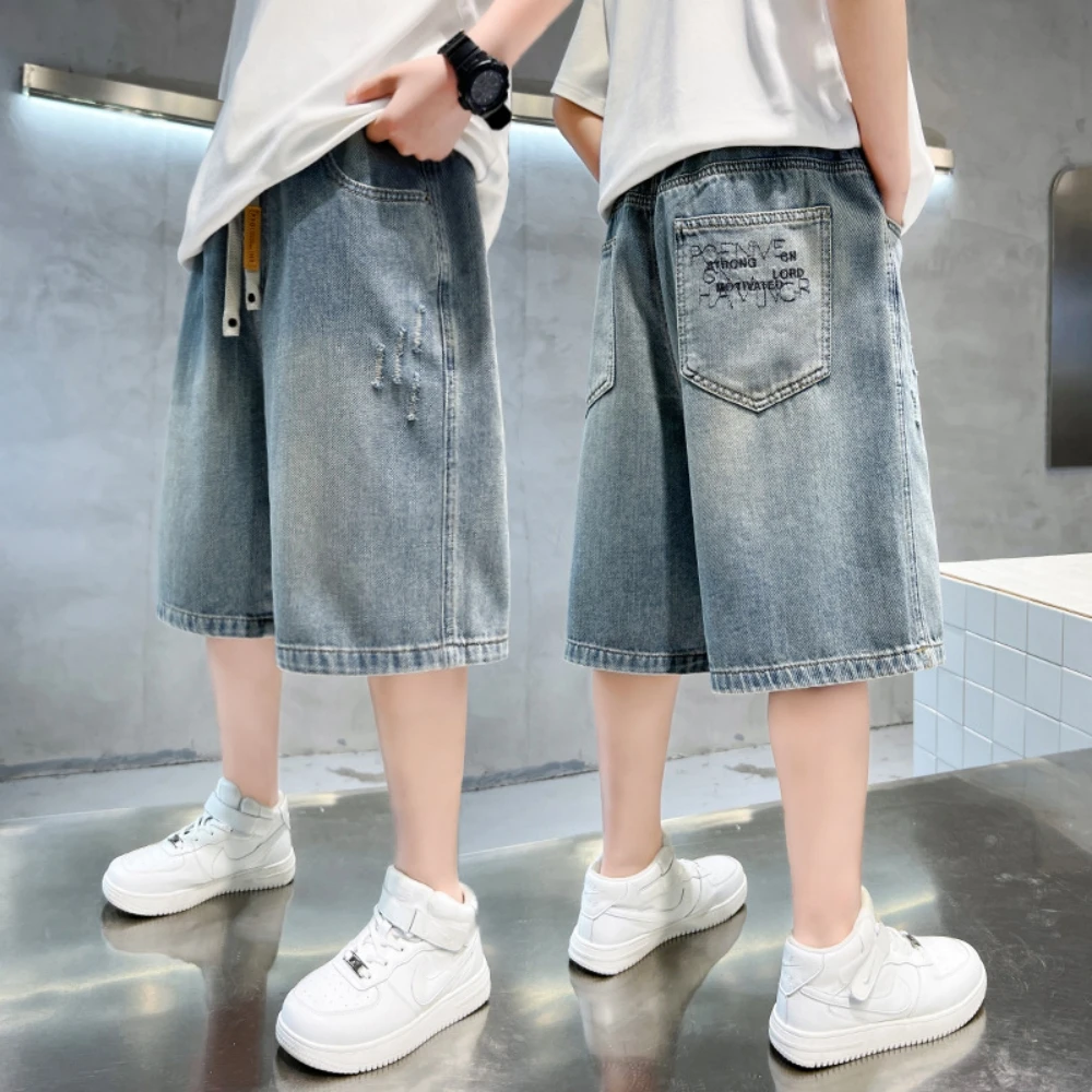 

New Summer Teenage Boys Shorts Jeans Fashion Letter Short Denim Pants For 4-14 Years Kids Five-Quarter Pants