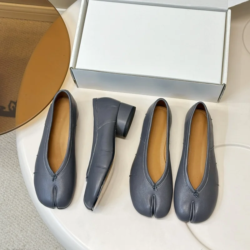 New Women Tabi Split Toe Ballet Pumps 3cm Block Heel Soft Genuine Leather Slip on Retro Elegant Casual Office Dress Shoes Ladies