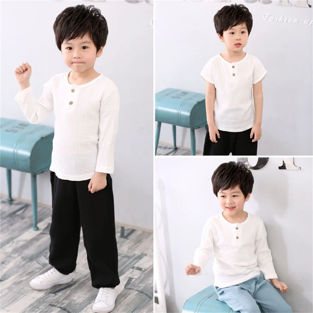 Children T Shirts Fashion Linen Pleated Boys T-shirt Child T-shirtS 2023 Summer Baby Boys Girls T-shirt Kids Clothes