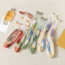 Cute Ultra-thin Transparent Crystal Silk Socks Fashion Woman Socks Harajuku Floral Retro Japan Style Colorful Kawaii Socks