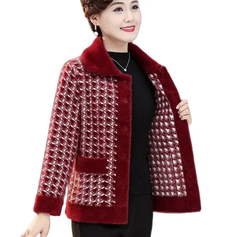 High-end Middle Aged Elderly Mother Faux Mink Jacket Autumn Winter Thick Short Wool Cardigan Women Knitted Sweater Cashmere Coat