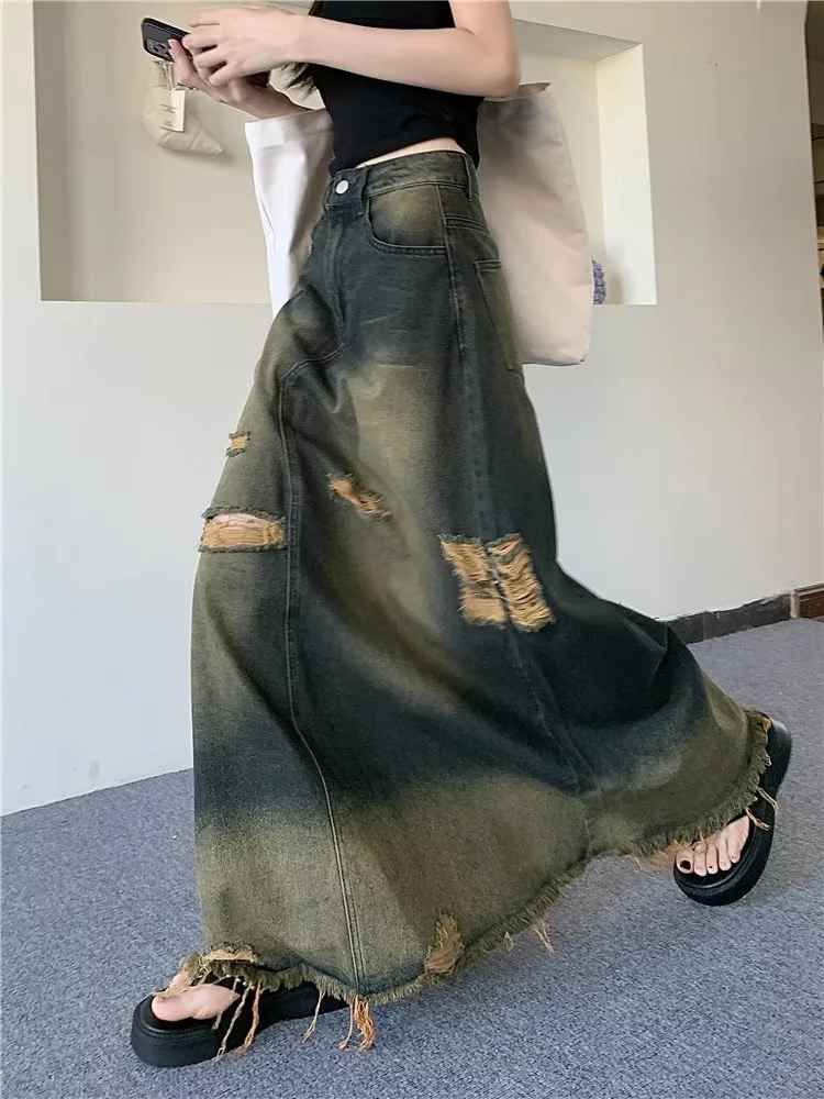 S-5XL Vintage Ripped Holes Jeans Skirts Tassel High Waist Long Skirts Maxi A-Line Loose Casual Denim Skirt Streetwear 2024 New