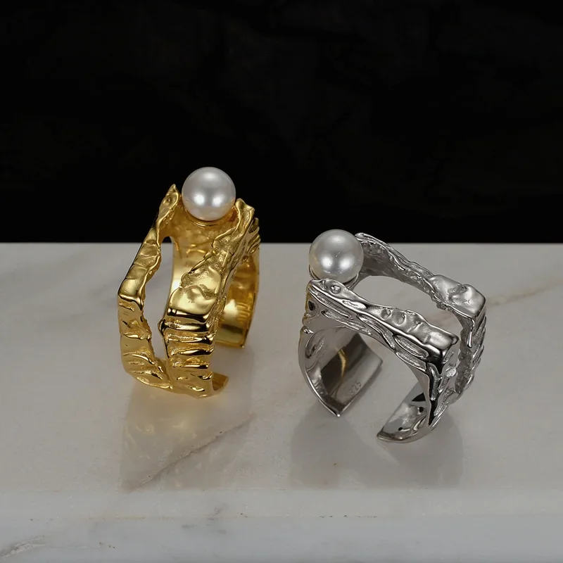 

Youth of Vigor Hammered Pattern Shell Pearl 925 Sterling Silver Open Ring Gold Tone Designer Handmade Rings R1099