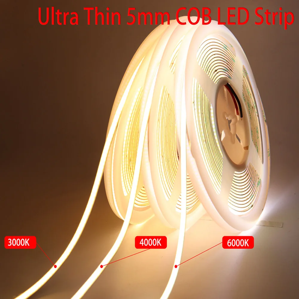 5mm Narrow COB LED Strip Lights for Car Wall Room Decoration 12V 24V 384LED Warm Cool White Light Bar Flexible Ribbon Diode Tape