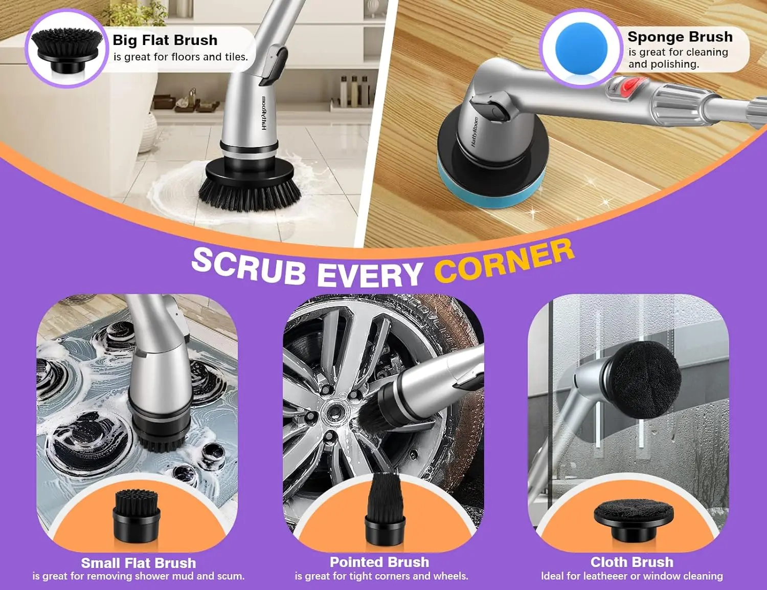 Rechargeable cordless electric rotary scrubber with 5 cleaning brush heads and adjustable shower power scrubber