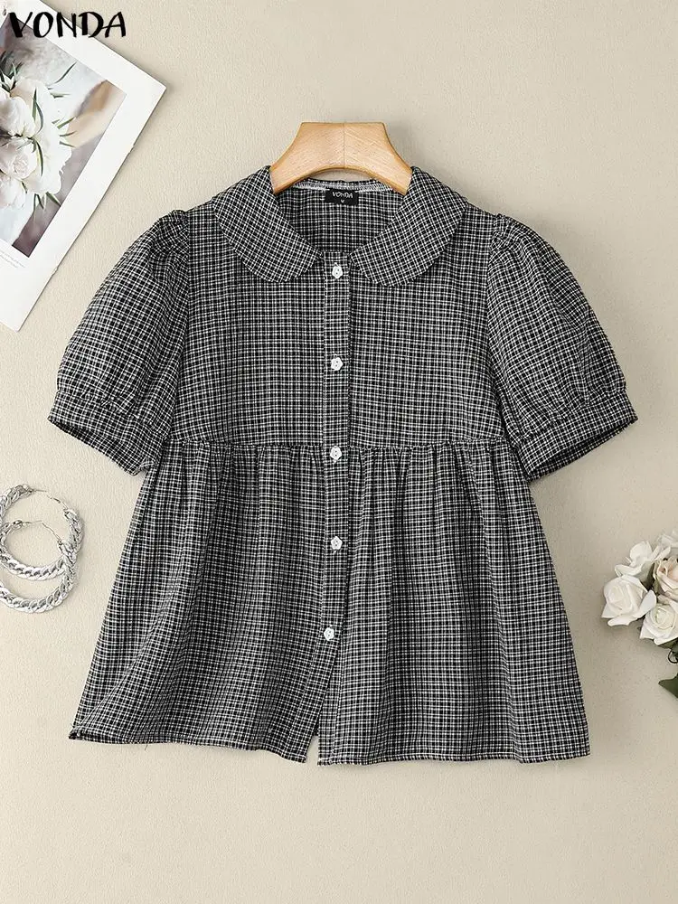 Koszule VONDA Fashion 2025 Damskie Bluzki w Kratę z Krótkim Rękawem Letnie z Kołnierzykiem Luźne Tuniki Casualowe Vintage Bluzki w Kratę Blusas Femininas
