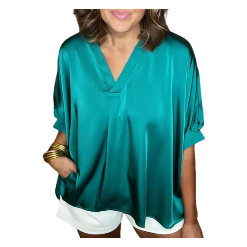 

Women Summer Casual Shirt V-neck Puff Short Sleeve Pullover Tops Solid Color Loose Fit Shirt Elegant Female Blouses Blusas블라우스