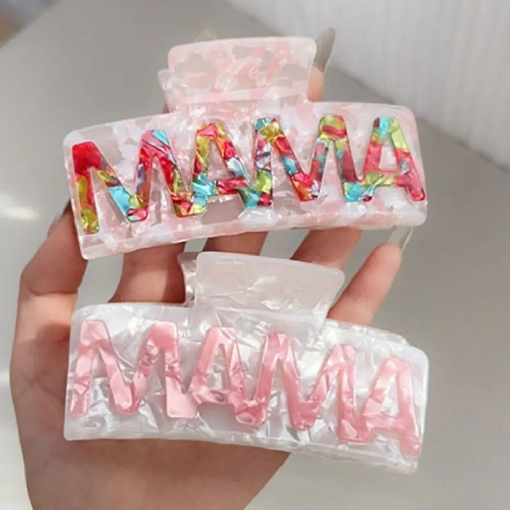 Cute Square MAMA Hair Claw Leopard Print Retro Acetic Acid Shark Clip Ponytail Clip Colorful Geometry Hair Claw Lady/Girls