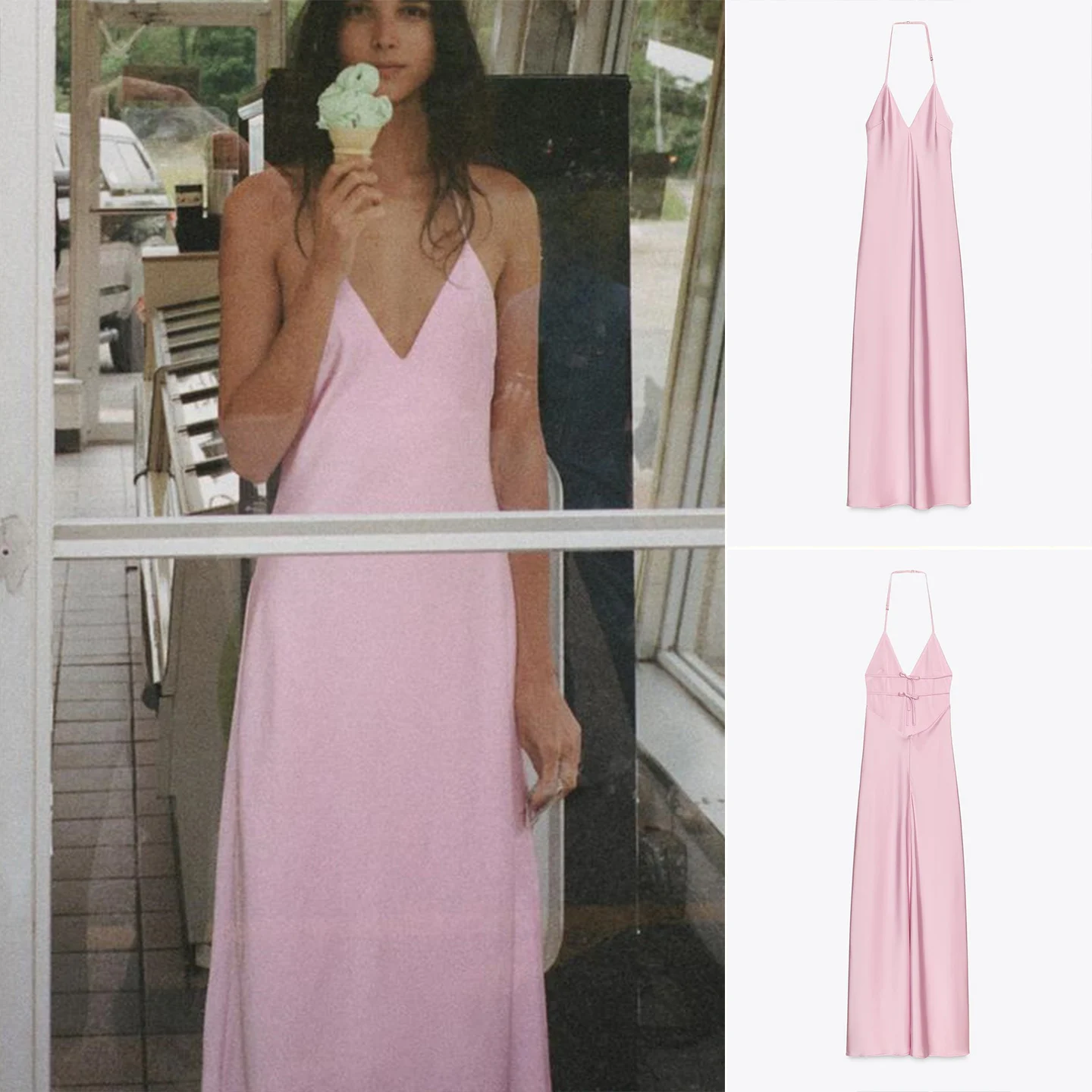 Summer New Women's Vaion Sle V-ne Svel Silk Satin Feel Midi ter Dr High Waist A-line Long Skirt