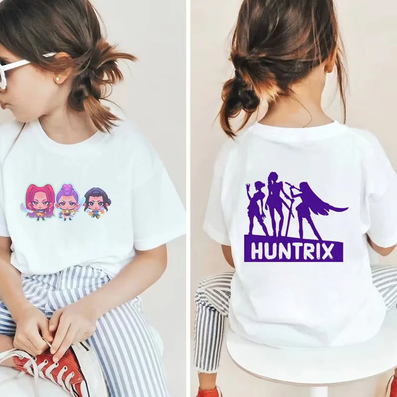 

HUNTRX Witch Hunt с мультяшным узором, двусторонняя детская футболка из чистого хлопка с круглым вырезом и принтом, модная с короткими рукавами