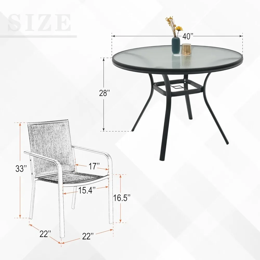 5-Piece Outdoor Patio Dining Set, 40-Inch Round Glass Table with 4 Stackable Chairs, Beige Grey