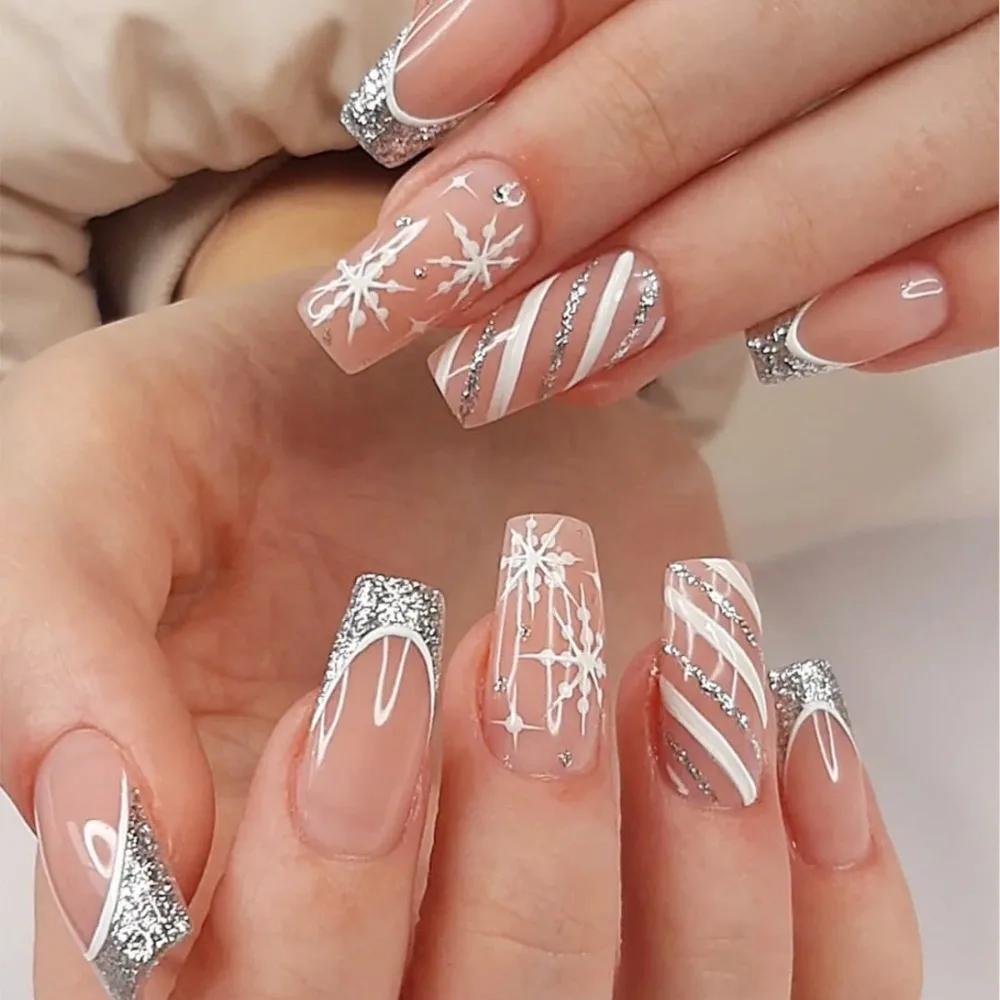 Detachable Wearable Manicure Christmas French Fake Nails Square Head Full Cover Press on Nails Ballerina False Nail Women