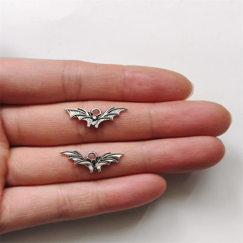 50pcs Charms Halloween Fly Bat 9x21mm Antique Silver Color Pendants DIY Crafts Making Findings Handmade Tibetan Jewelry