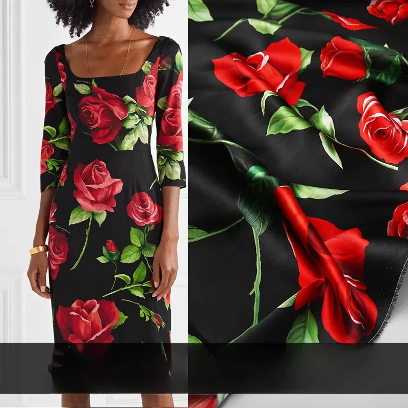 

Spring and summer new digital printed heavyweight polyester satin rose imitation silk clothing handmade fabric