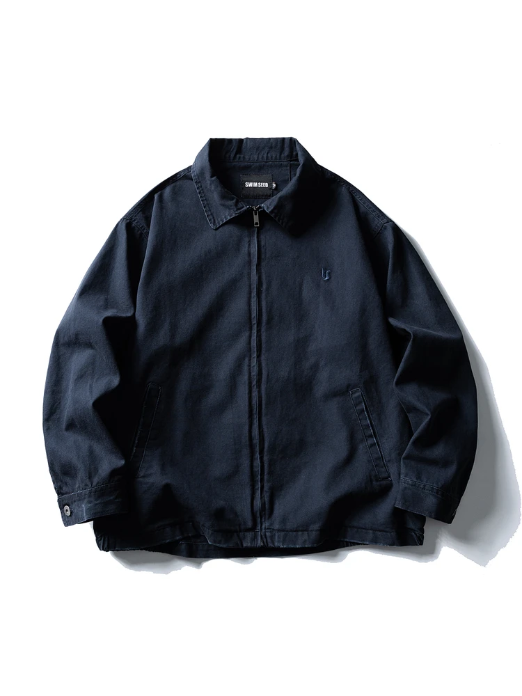 

Swim Seed Men's Retro Embroidered Cotton Jaet Simple Workwear Outerwear Loose Fit Long Sve Zipper Closure Windproof